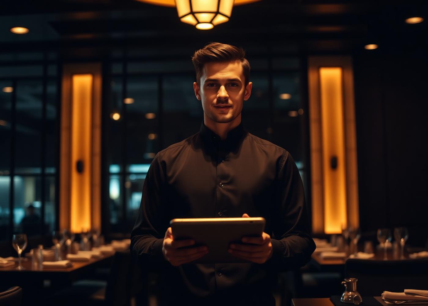 Restaurant staff using a tablet in a modern dining room